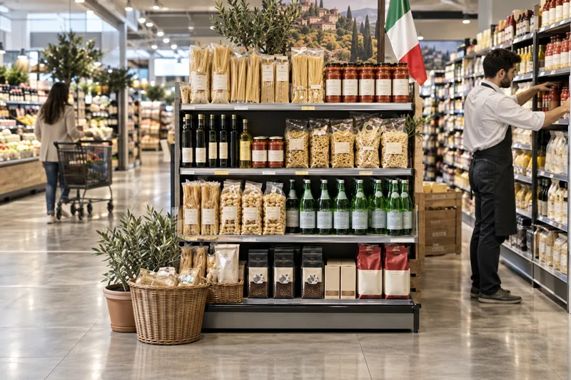 Scena illustrativa di esposizione di prodotti italiani in un supermercato.