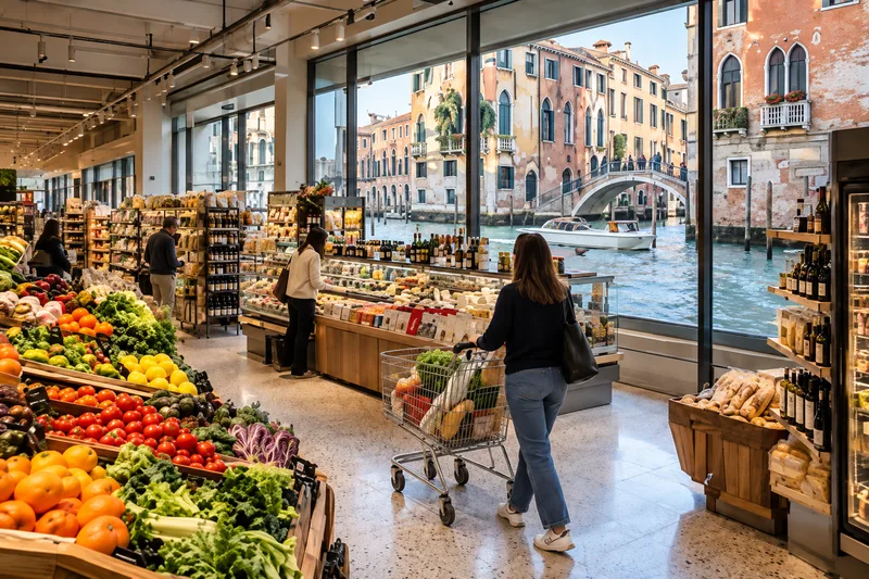 Scena illustrativa di un supermercato con affaccio su un canale veneziano.